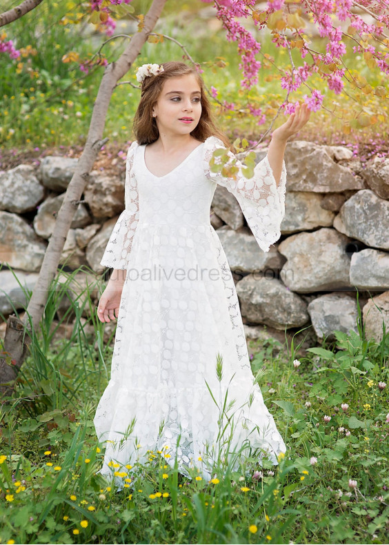 Bell Sleeve Ivory Polka Dot Lace Floor Length Flower Girl Dress